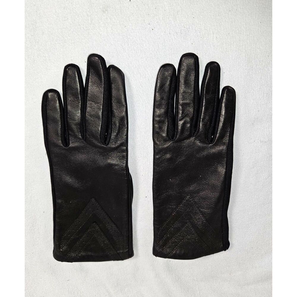 Aris Isotoner Black Genuine Leather Gloves Chevron Perforated Accent Fleece